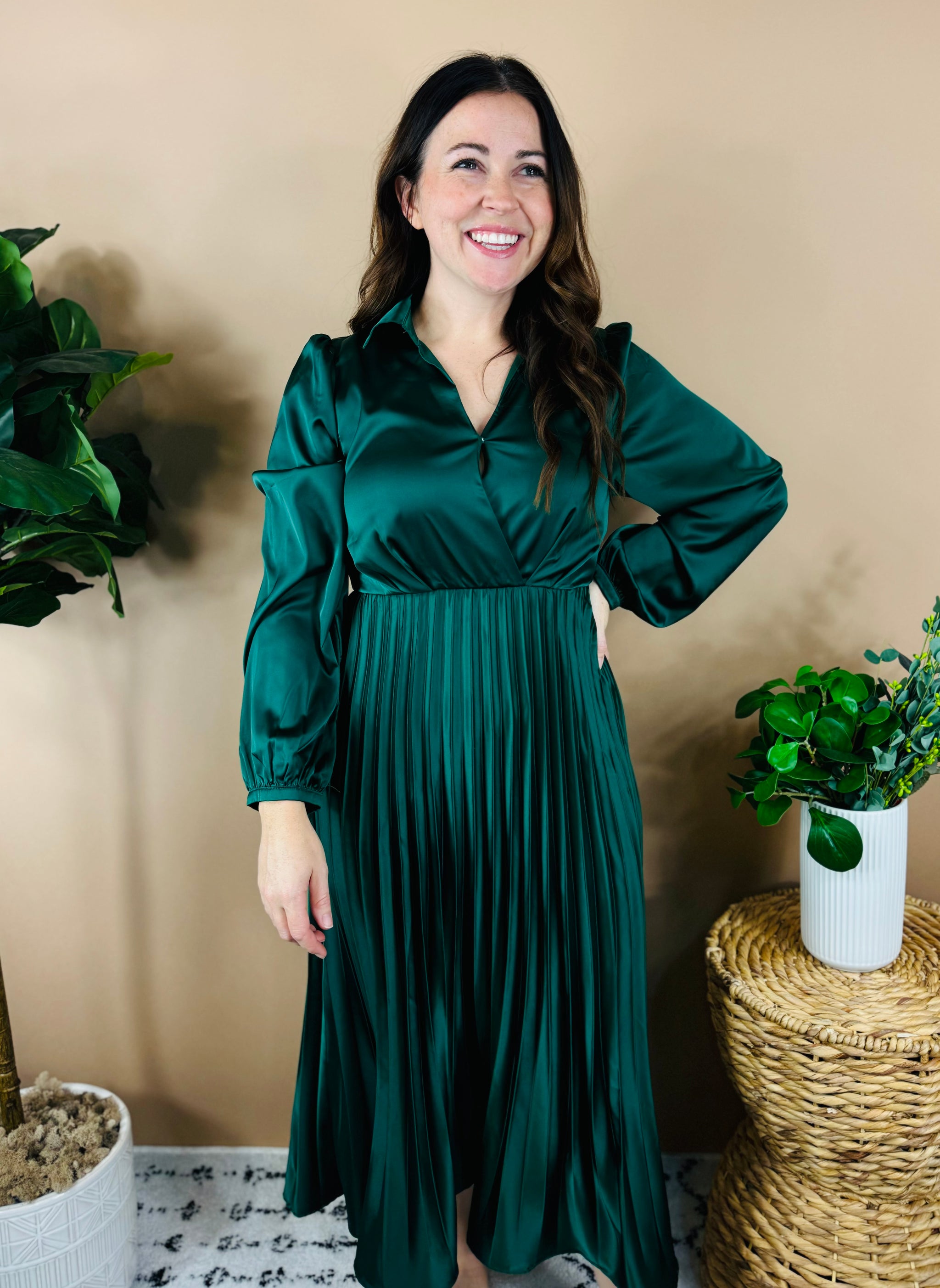 All Is Bright Green Satin Pleated Midi Dress – Ess Tee Marie Boutique