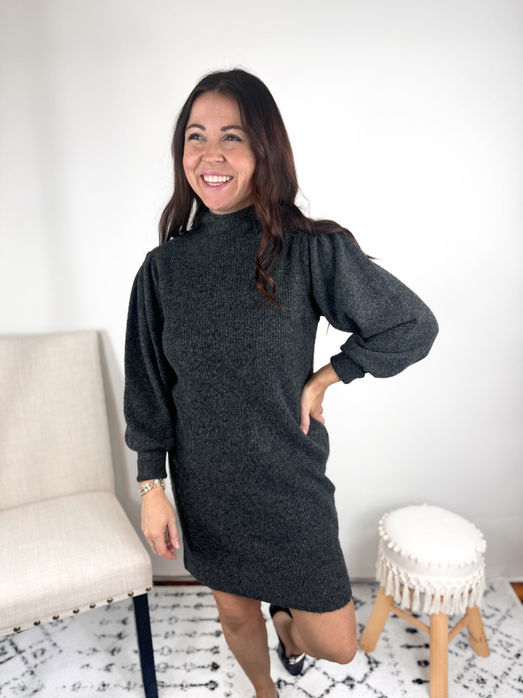 Stacy Solid Charcoal Sweater Dress  Ess Tee Marie Boutique